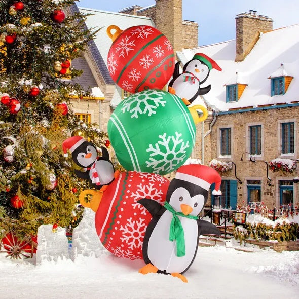 8.9 FT Lighted Christmas Inflatable Decoration, Inflatable Christmas Balls And Penguins, Funny Blow Up Yard Decorations With Built-in LED Lights For Holiday Party Front Yard Lawn Garden Decor