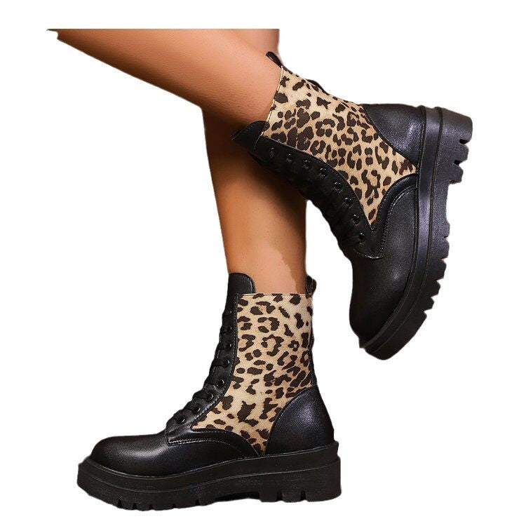 Women's Plus Size Leopard Splicing Martin Boots