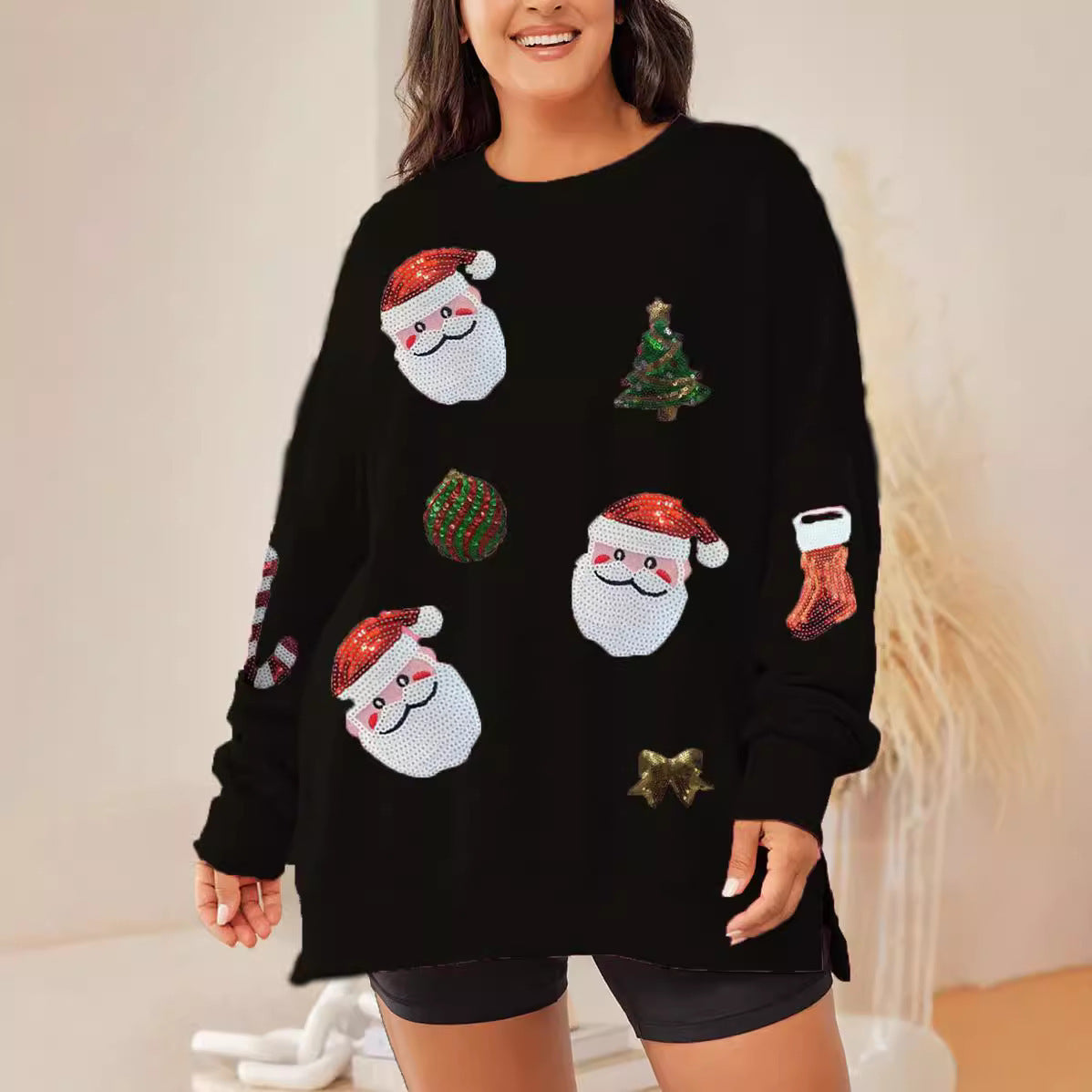 Women's Christmas Sequined Top Loose Casual Long Sleeves Sweater