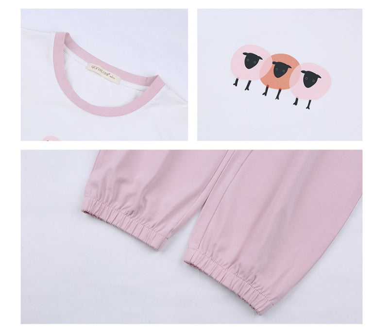 Home Ladies Knitted Bamboo Cotton Homewear Cute Pajamas Set