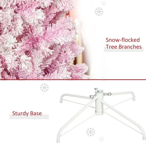 7.5' Tall Unlit Snow Flocked Artificial Christmas Tree Slim Pencil Xmas Tree With Pine Shape And Realistic Branches, Pink